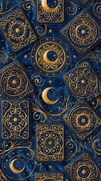 Seamless pattern of ornate gold mahjong tiles with celestial moon and star motifs