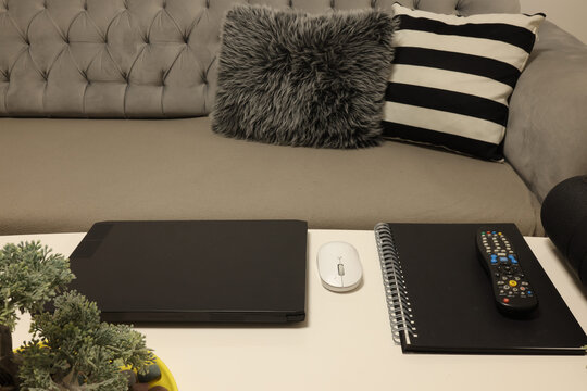 Workspace on a couch with a laptop mouse remote notebook and a plant