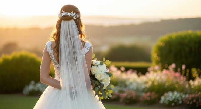 Bride in white dress holding bouquet at sunset in garden.