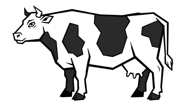 Black and white spotted dairy cow side view.