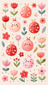 Cute watercolor ladybug and flower pattern for nursery decor and spring stationery design