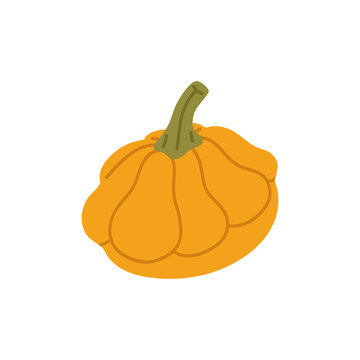 Cute vector illustration of a small decorative pumpkin with deeply scalloped lobes, perfect for autumn harvest, Halloween, Thanksgiving, seasonal decor, gardening and fall designs.