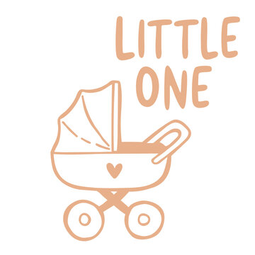 Sweet vector sticker of a classic baby carriage with a heart detail and Little One lettering, celebrating newborns, parenthood, nursery life, baby showers and childhood memories.