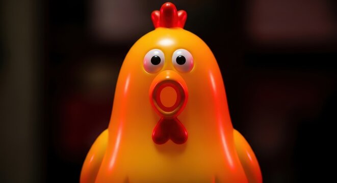 Bright orange rubber chicken toy with googly eyes.