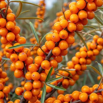 Bright Orange Sea Buckthorn Berries on Green Branches.