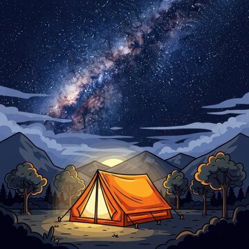 Bright Orange Tent Under Starry Night Sky and Milky Way.