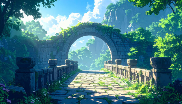 Ancient Stone Bridge Ruins in a Lush Fantasy Forest