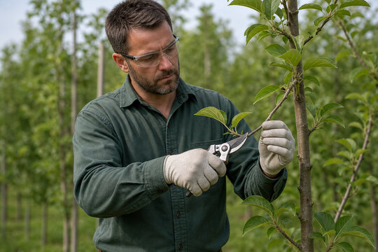 Professional gardener in protective glasses and work gloves prunes tree branches with secateurs in a green orchard. Concept of agricultural work, plant care, spring pruning and gardening.