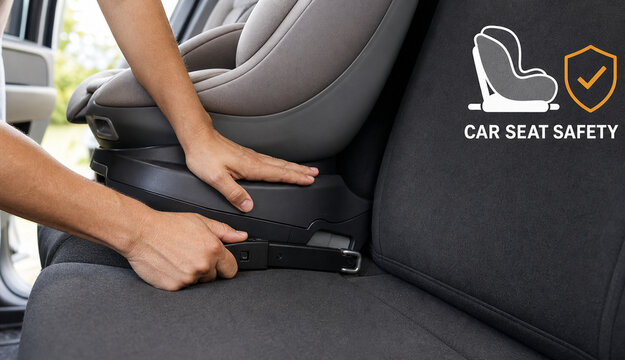 A person installs a child car seat correctly on the vehicle back seat. Concept for infant travel, family safety, transport security, and proper installation of protective child equipment.