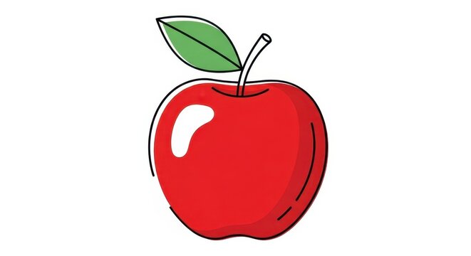 Bright Red Apple with Green Leaf Illustration.