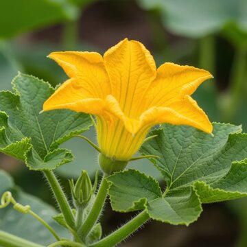 Bright yellow squash blossom in green foliage.