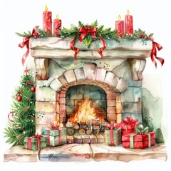Fototapeta premium Festive fireplace with holiday decorations.