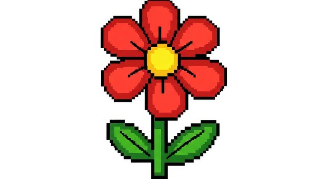 Bright Red Flower with Green Leaves Illustration.