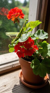 Bright red geranium plant in terracotta pot by window.