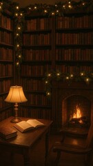 Fototapeta premium Cozy library with fireplace.