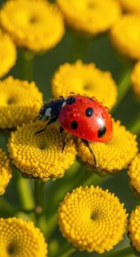 Bright red ladybug resting on yellow flowers in sunlight.