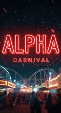 Bright Neon Sign at Nighttime Carnival Fairground.