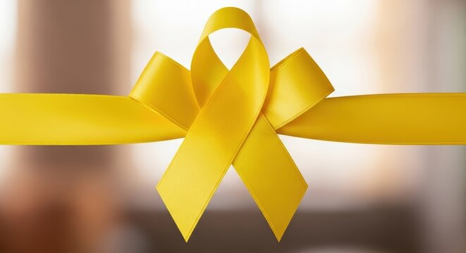 Bright Yellow Awareness Ribbon on Blurred Background.