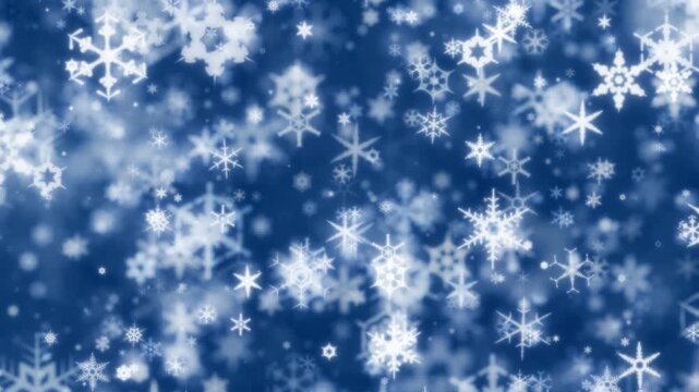 Winter scene of glowing snowflakes sparkling on blue background. Snowflake backgrounds with twinkling snow flakes creating cold wintry atmosphere. Soft snowflakes for winter or Christmas background.