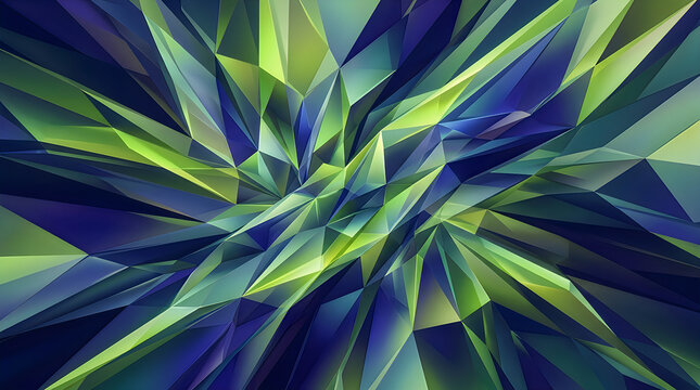 Abstract crystalline background with sharp geometric facets in blue and lime green colors.