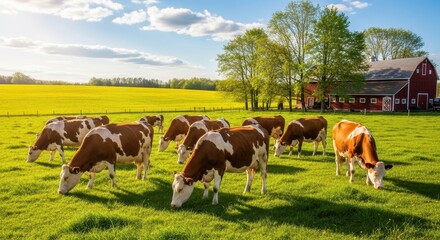 Naklejka premium Brown and white cows grazing in a lush green pasture.