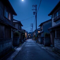 Fototapeta premium Quiet Japanese residential street at night illuminated by moonlight and window lights
