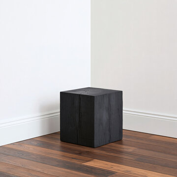 Ai generated charred wood block side table with minimalist furniture geometric interior hardwood