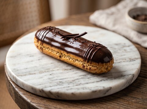 chocolate eclair with dark glaze on marble serving board in rustic cafe setting