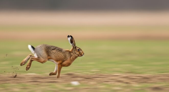 Brown hare running fast in open grassy field.