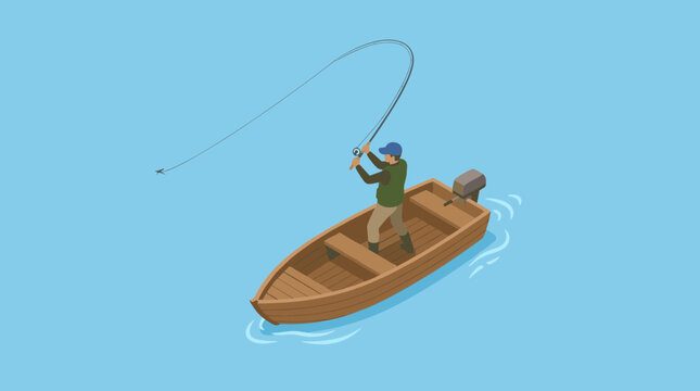 Fisherman casting line from motorboat gone fishing vector