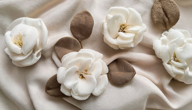 beautiful white flannel flowers arranged elegantly on a soft textured neutral linen fabric background surface