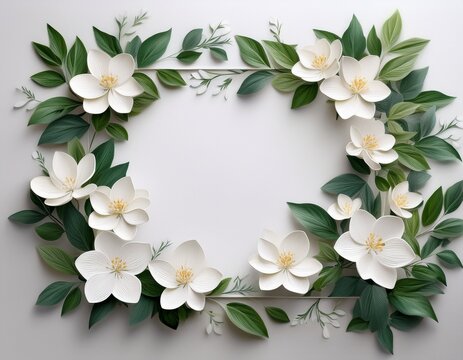 beautiful white flower branches with green leaves arranged in a elegant botanical frame for design