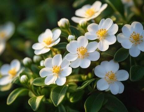 beautiful white flowers with yellow centers on a lush green plant with small oval leaves growing outdoors