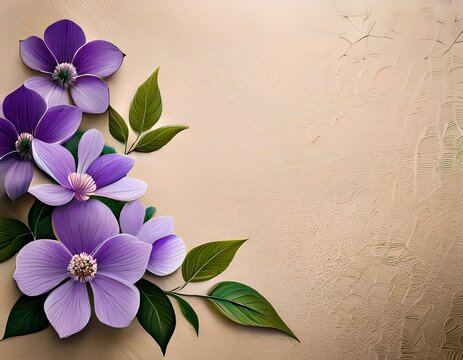 delicate purple flowers with green leaves on a beige background with rough edges and texture visible