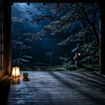 Japanese traditional wooden veranda at night with paper lantern and view of garden