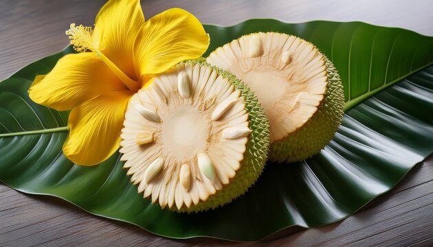 freshly sliced breadfruit sitting on vibrant green leaves with a bright yellow tropical flower nearby