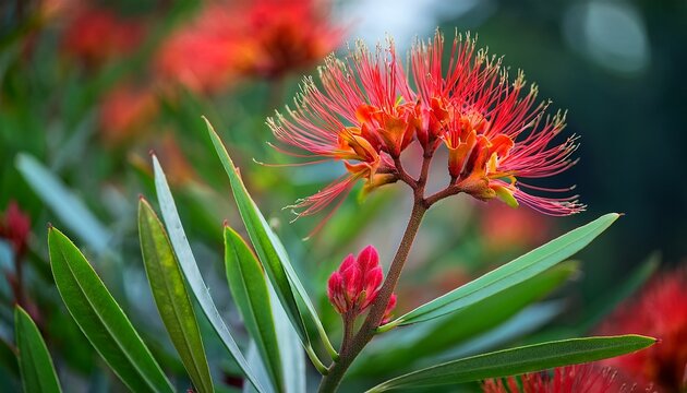 vibrant kangaroo paw flowers in a lush green garden with red and green petals blooming
