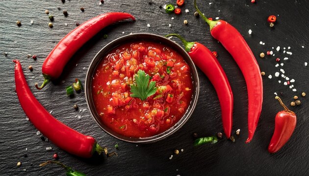 vibrant salsa surrounded by red chili peppers on a rustic black slate with spices