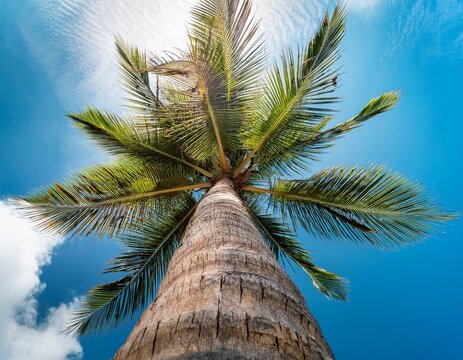 dramatic worm s eye view looking straight up a tall coconut palm tree trunk toward a clear tropical blue sky