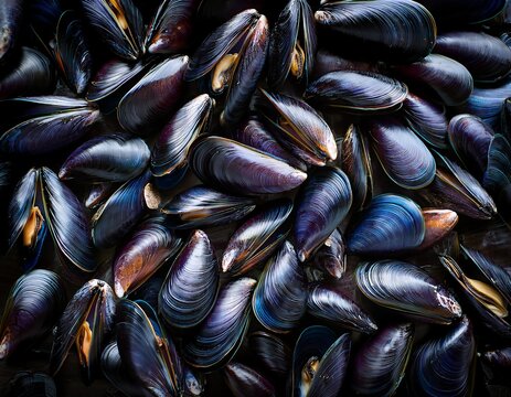 a close up top down view of a large pile of fresh dark blue black mussels with glossy shells and subtle iridescent highlights