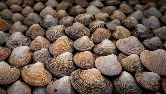 an abundant pile of conical limpet shells with rough textured surfaces and intricate concentric ring patterns in muted earthy tones