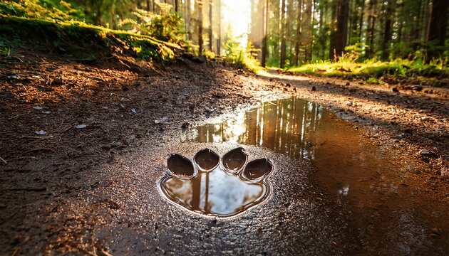 animal paw print filled with clear puddle water reflecting sunlit forest canopy on wet muddy trail ground