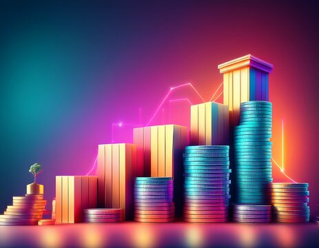 cost savings concept with high cost blocks and resource savings on neon gradient background