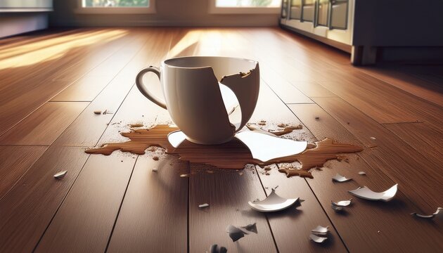 a broken cup of spilled coffee on the laminate floor spilled shattered caffeine floor laminate drink cup liquid morning stain splatter porcelain broken accident empty kitchen