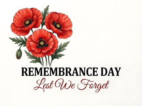 Remembrance day poppies with text lest we forget on a white background