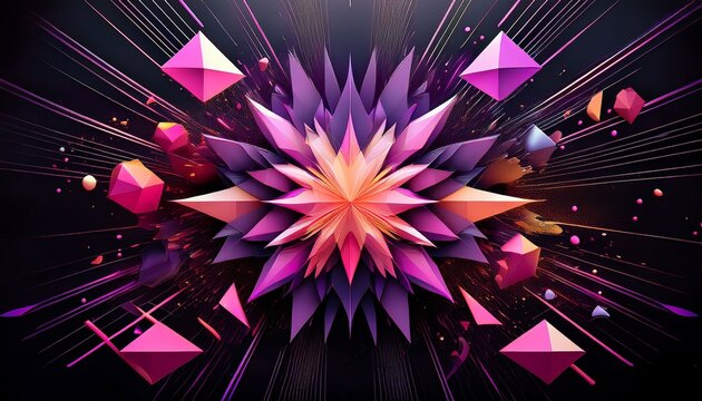 geometric shapes explosion in pink purple on black background
