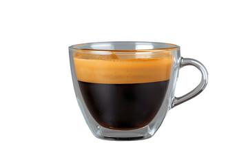 Naklejka premium Clear glass espresso cup filled with dark coffee and golden crema