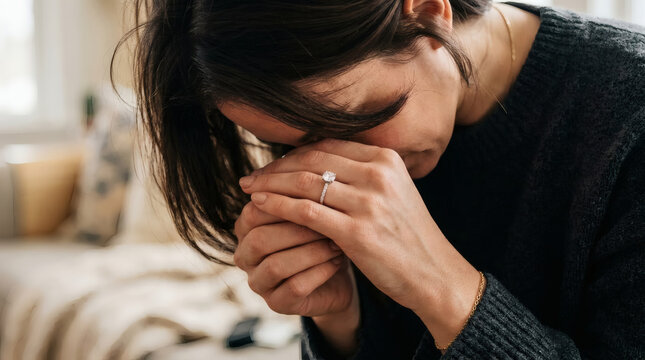 Emotional Woman With Engagement Ring Clutching Hands to Face in Quiet Moment of Distress
