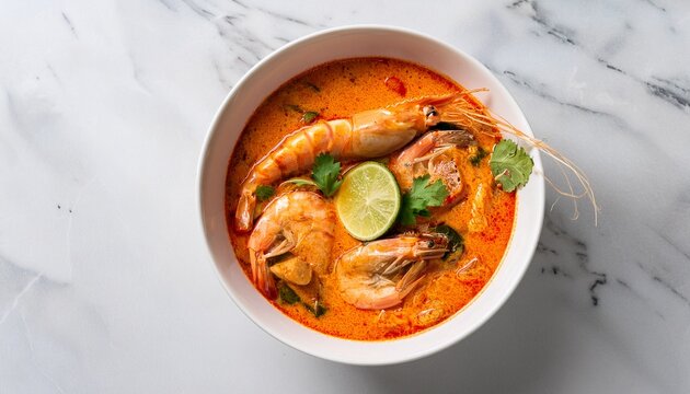 top view of spicy sour tom yum thai red curry shrimp with noodles in white bowl on white table marble background