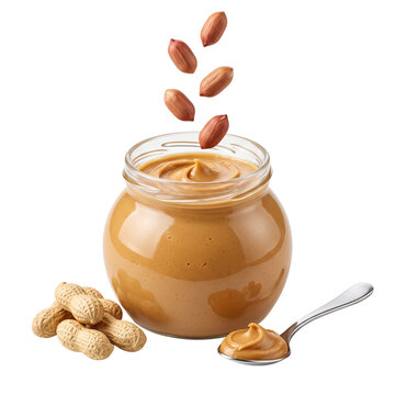 Peanut Butter Jar with Falling Peanuts and Spoonful Isolated